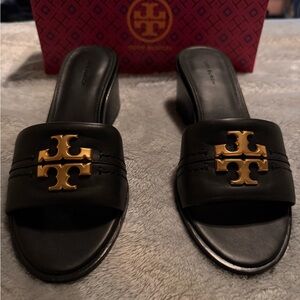 Tory Burch Black and Gold Slide Sandals